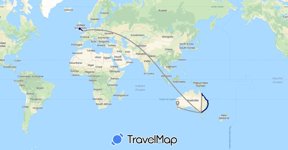 TravelMap itinerary: driving, plane, boat in Australia, United Kingdom, Malaysia (Asia, Europe, Oceania)